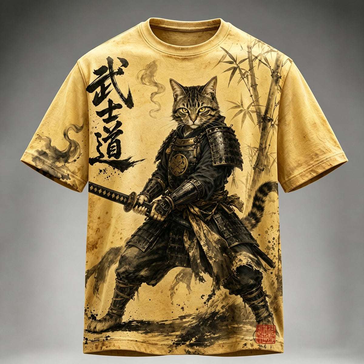 Men's Retro Japanese Cat Samurai Art Print Short Sleeve T-shirt
