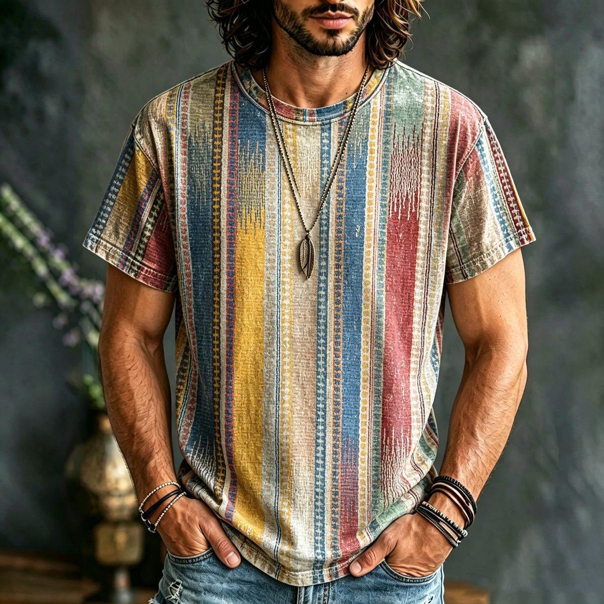 Men's Hippie Retro Distressed Striped Print Short-sleeved T-shirt