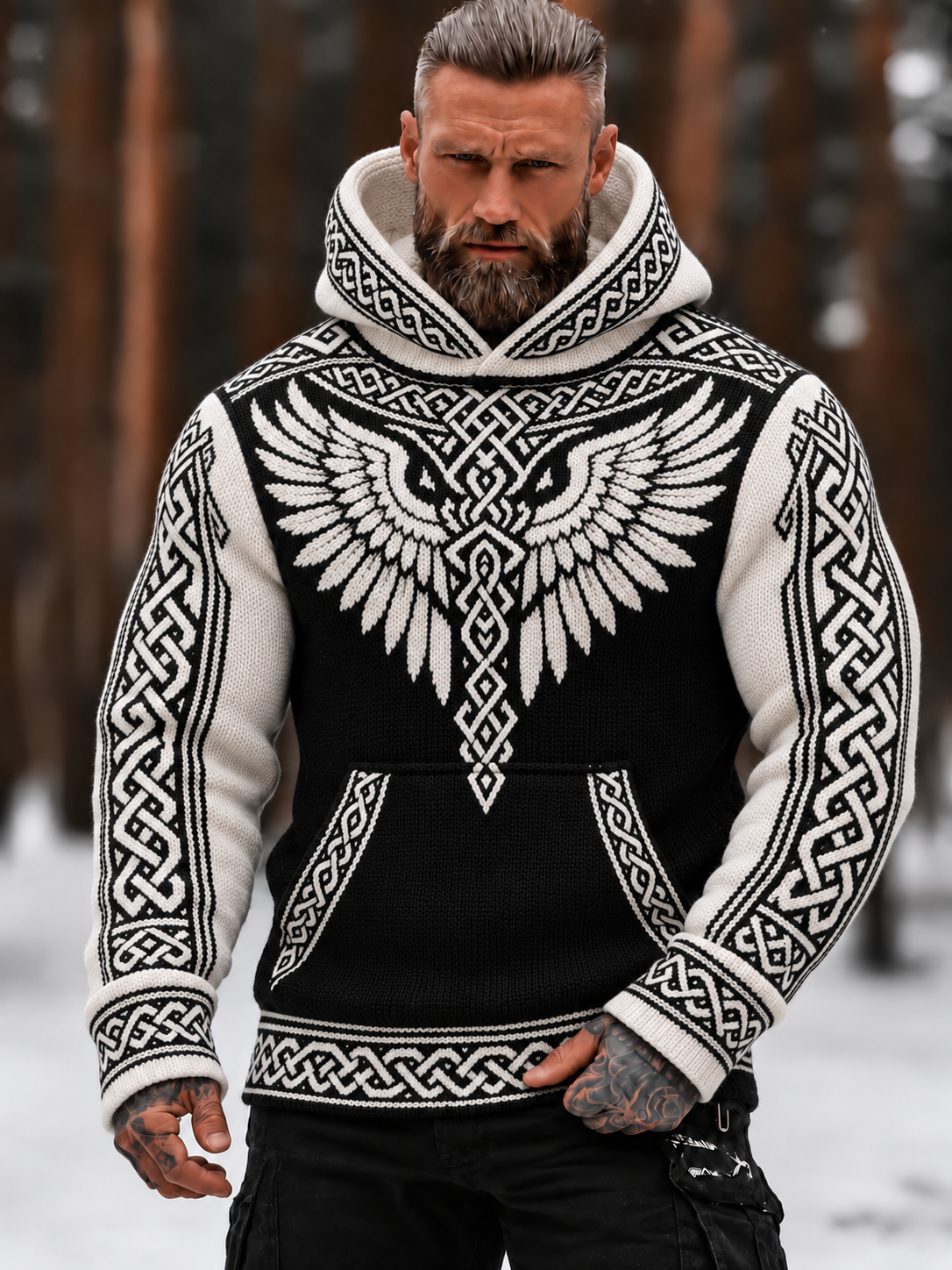 Men's Retro Wing Printed Cozy Warm Knitted Jacquard Hooded Sweater