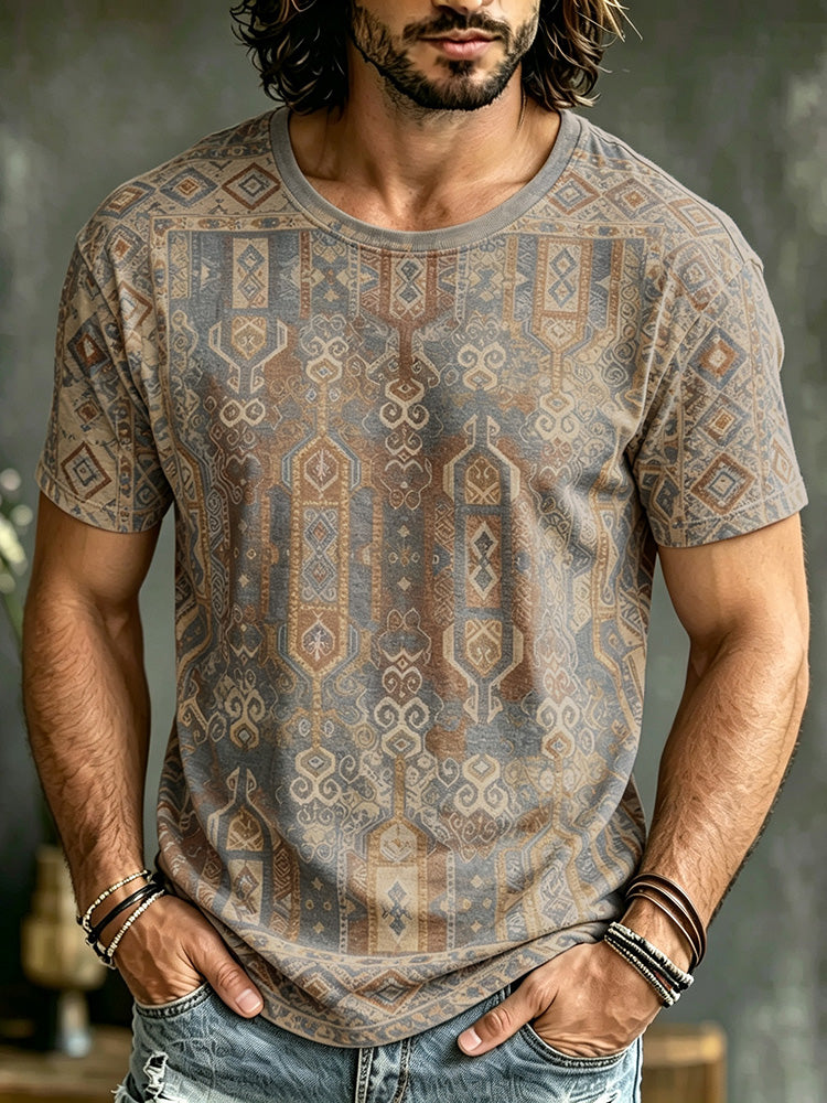 Men's Retro Ethnic Style Art Pattern Print Crew Neck T-shirt