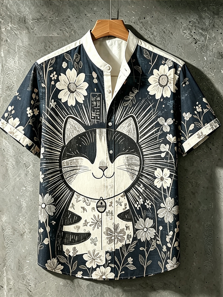 Men's Short-sleeve Stand Collar Shirt Featuring A Cute Graphic Cat Surrounded By Vintage Flowers And Ink-style Lines
