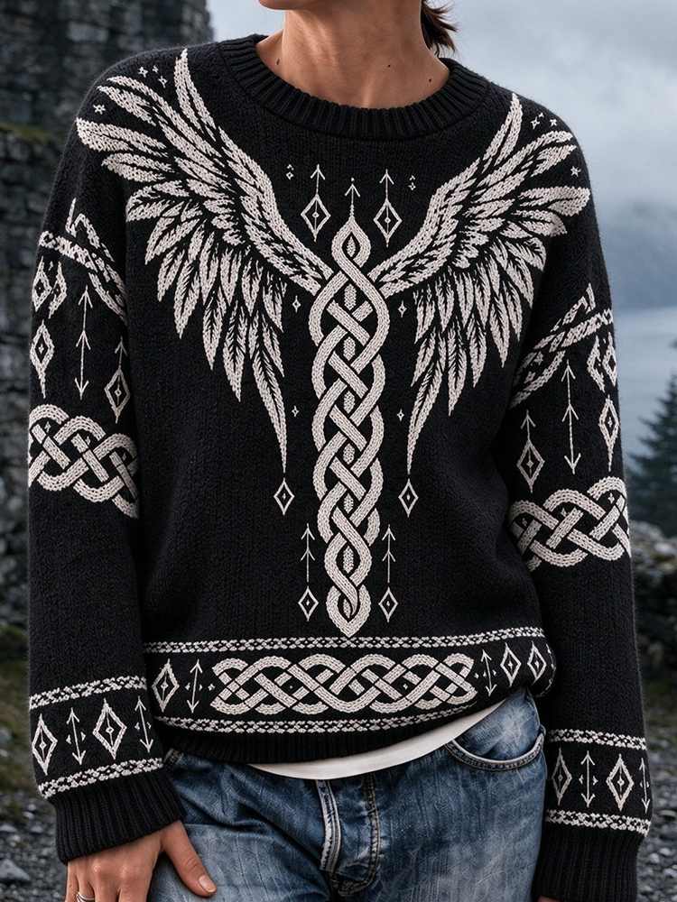 Women's Viking Wing And Celtic Knot Pattern Crewneck Knit Sweater