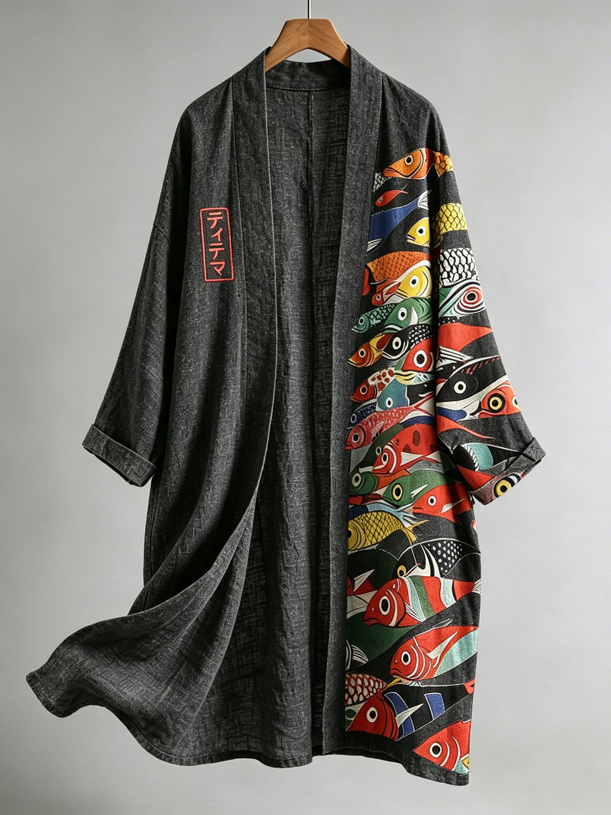 Men's Japanese Fish Art Pattern Linen Kimono Cardigan