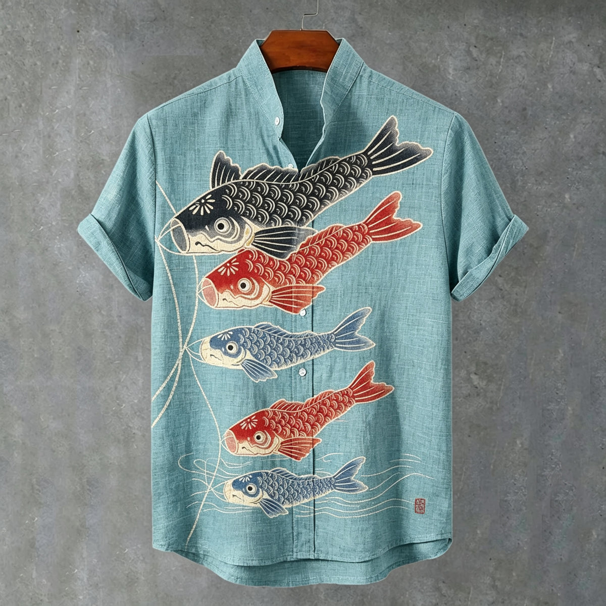 Men's Retro Japanese Art Fish Print Cotton Linen Short-sleeve Shirt