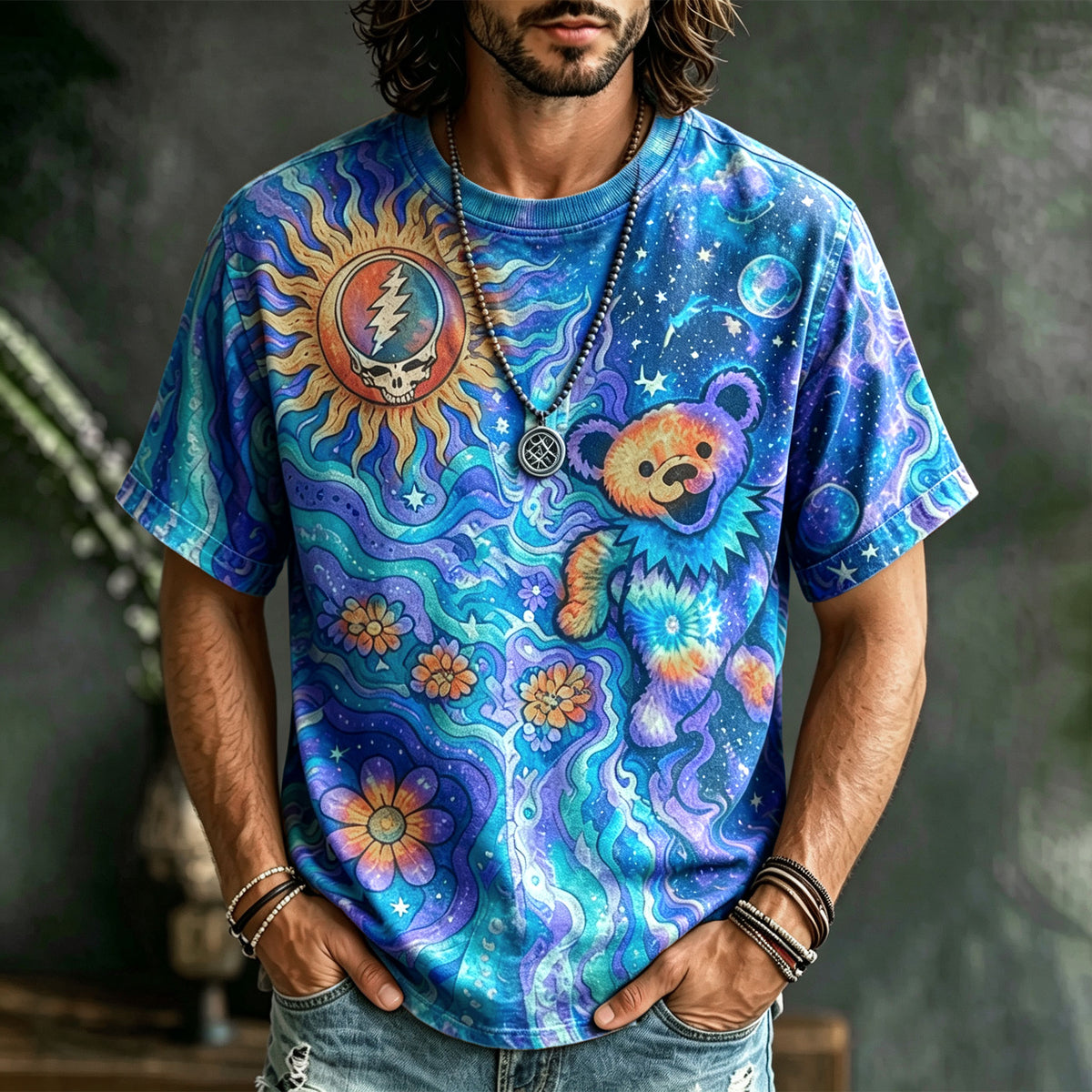 Retro Hippie Style, Washed Grateful Dead Dancing Bear Psychedelic Galaxy Sun Skull Floral Short-sleeved T-shirt