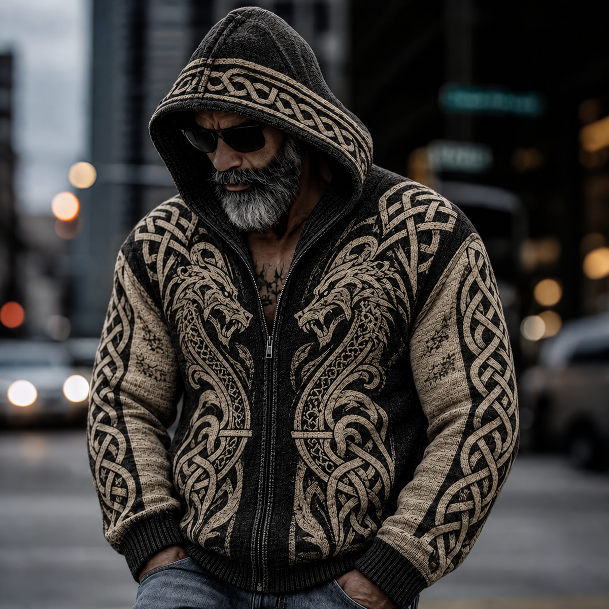 Men's Vintage Viking Dragon Celtic Knot Cozy Warm Knitted Jacquard Zipper Hooded Sweater
