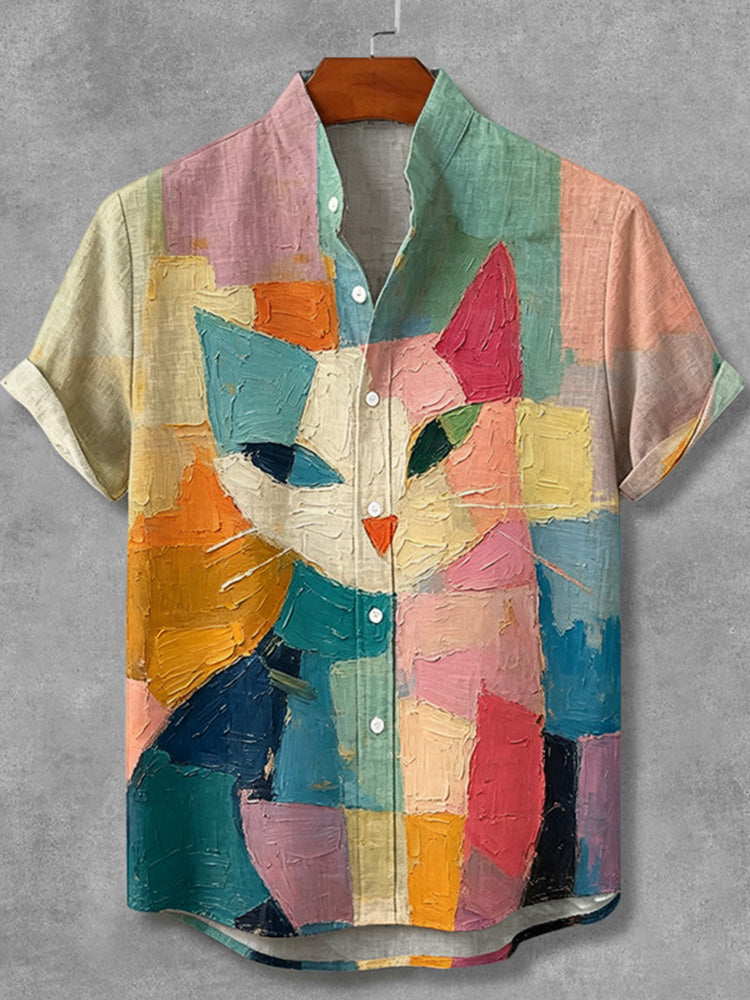 Men's Vintage Abstract Cat Art In Colored Oil Painting Casual Shirt