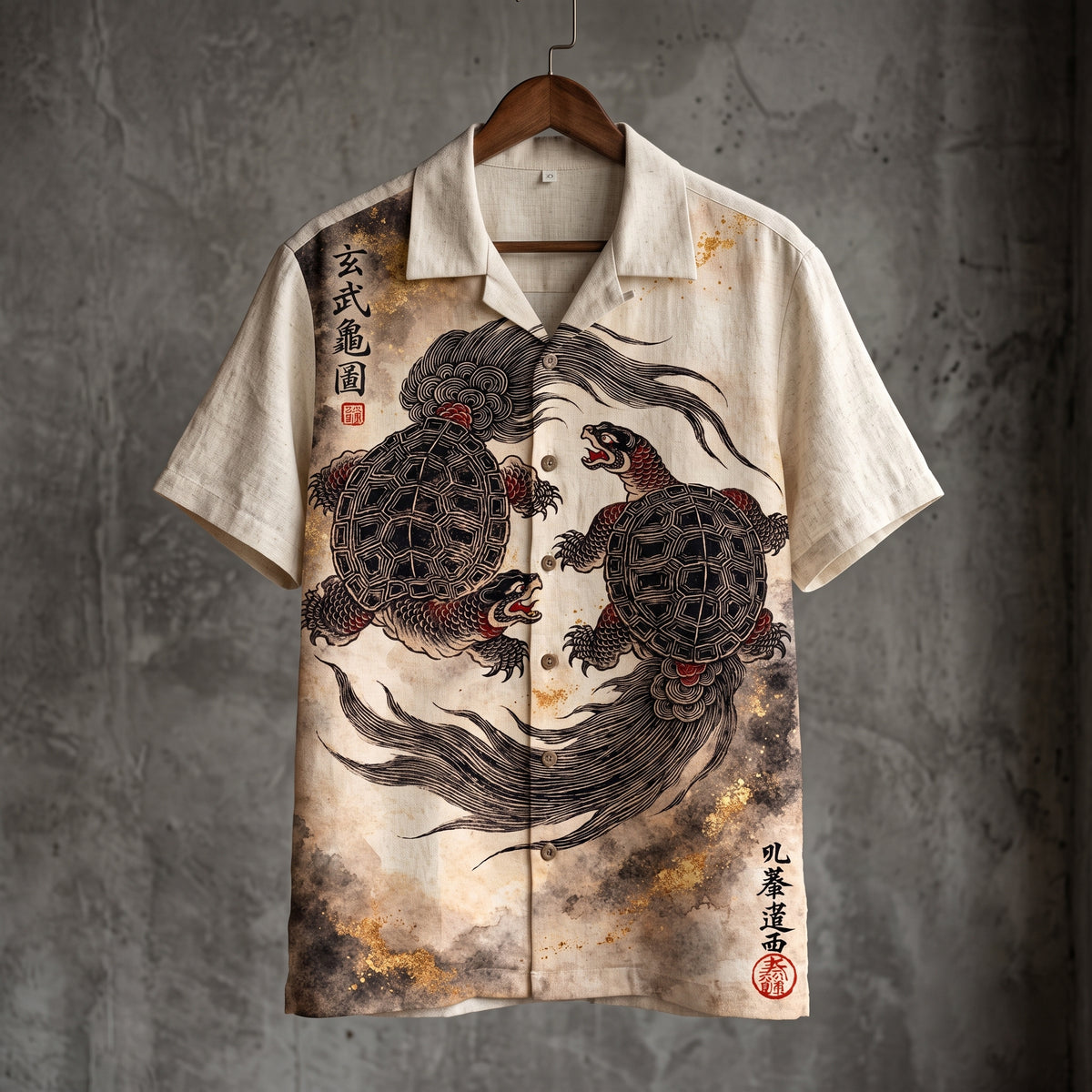 Men's Retro Japanese Turtle Art Print Short Sleeve Shirt