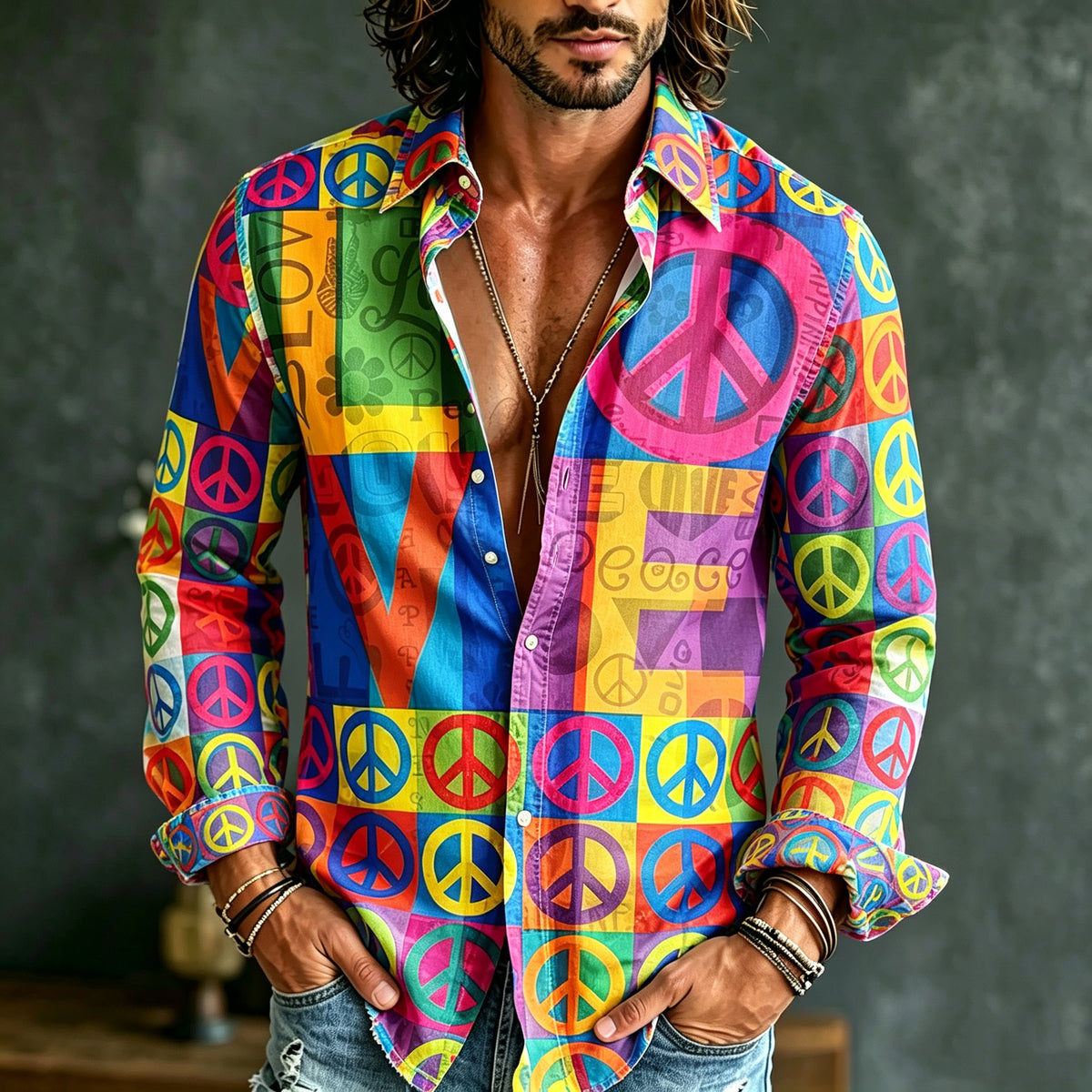 Men's Retro Hippie Style Peace Sign Print Shirt