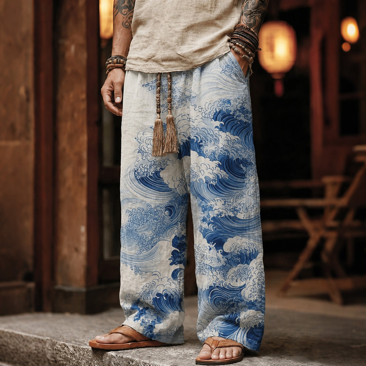 Men's Waves Watercolor Art Print Casual Pants