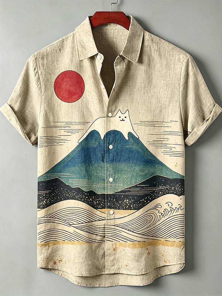 Retro Japanese Ukiyo-e Mount Fuji White Cat Wave Print Casual Summer Linen Short-sleeve Shirt