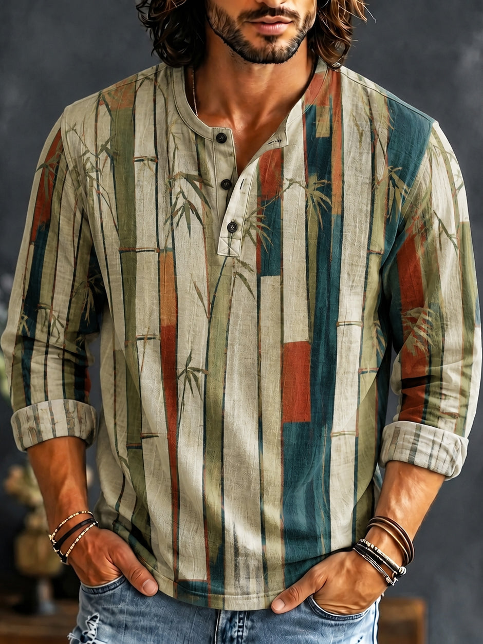 Men's Vintage Japanese Bamboo Art Print Henley Neck Long Sleeve T-shirt
