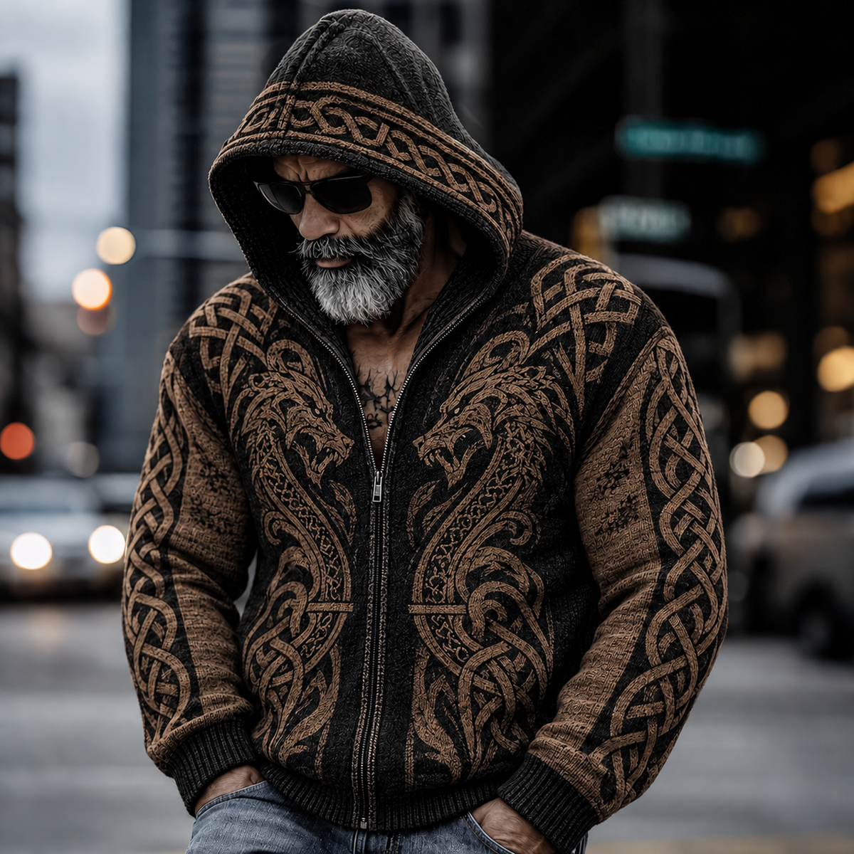 Men's Vintage Viking Dragon Celtic Knot Cozy Warm Knitted Jacquard Zipper Hooded Sweater