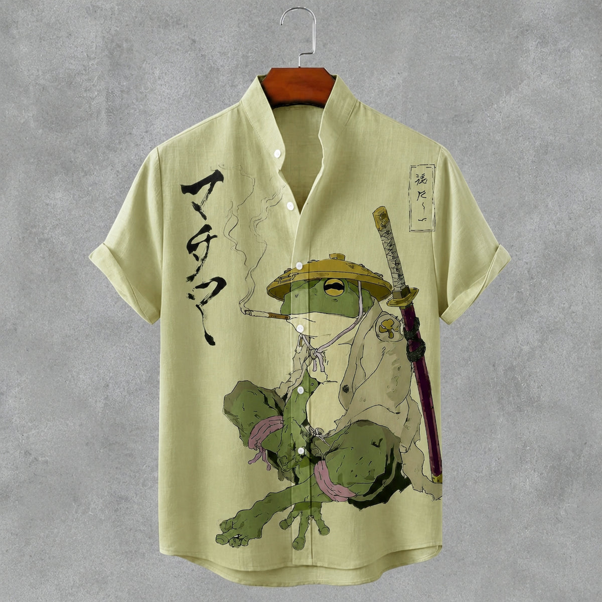 Men's Vintage Japanese Warrior Frog Art Print Button Casual Linen Shirt
