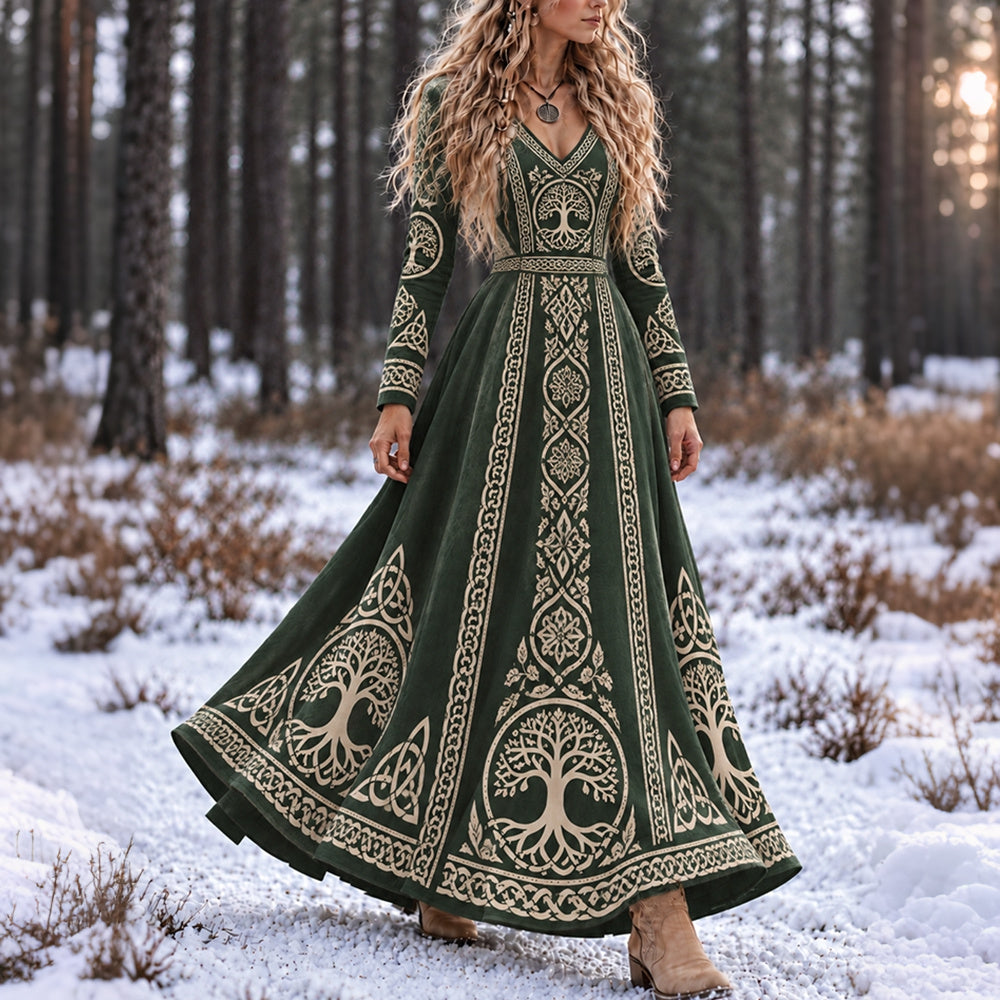 Women's Vintage Style Viking Tree Of Life And Celtic Knot Art Print V-neck Long Sleeve Maxi Dress