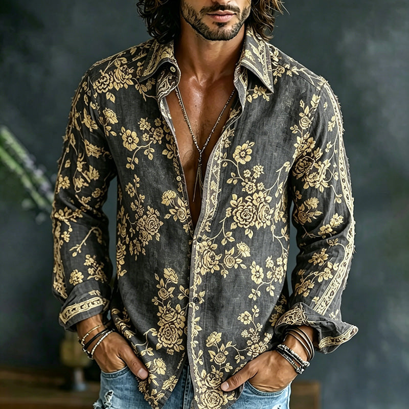 Men's Spring Summer Colorful Floral Printed Art Print Flowy Linen Blend Shirt