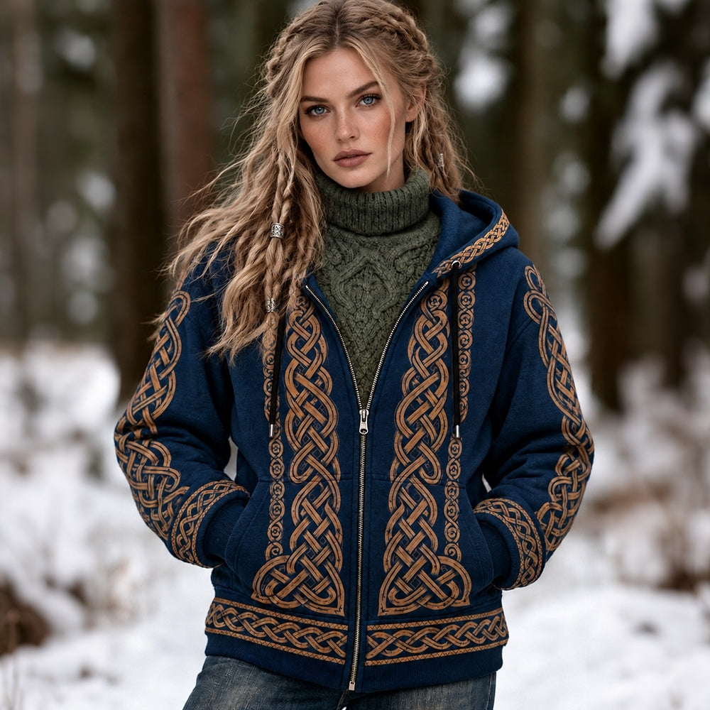 Women's Vintage Viking Celtic Knot Art Casual Zip Up Hoodie