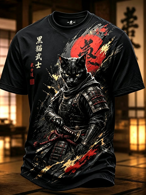 Men's Brave Black Cat Samurai Japanese Art Print T-shirt