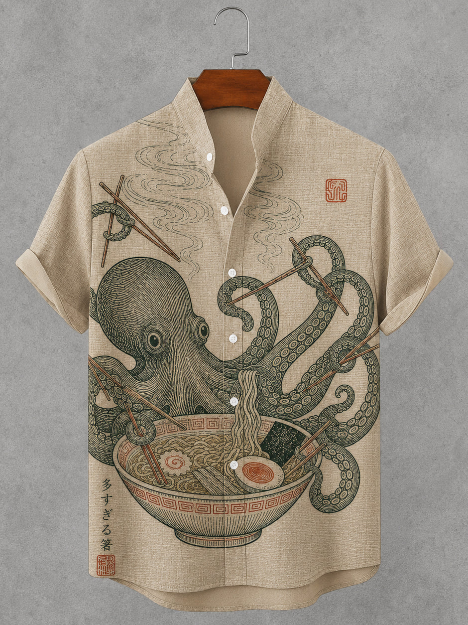Men's Octopus Eating Ramen Art Print Short Sleeve Casual Shirt