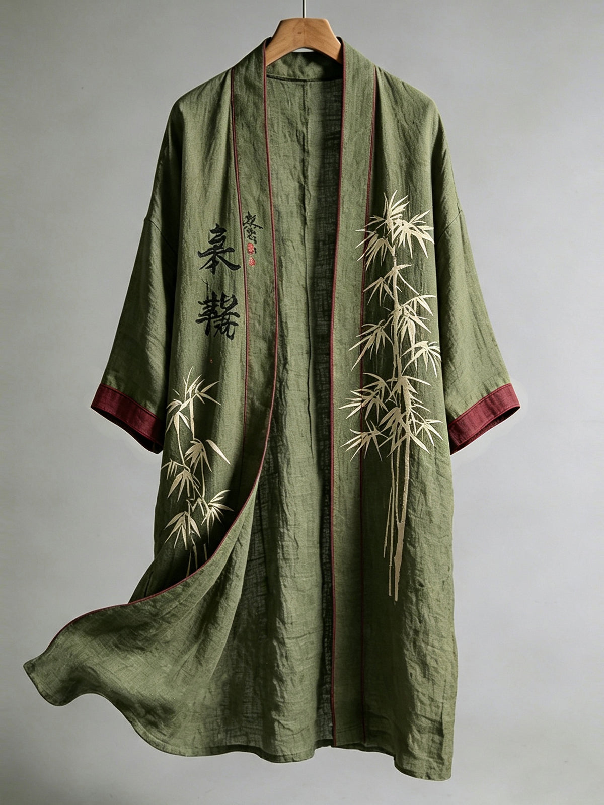 Retro Japanese Bamboo Art Pattern Casual Linen Long Kimono Cardigan