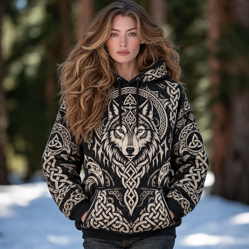 Women's Vintage Viking Wolf & Celtic Knot Art Print Casual Hoodie
