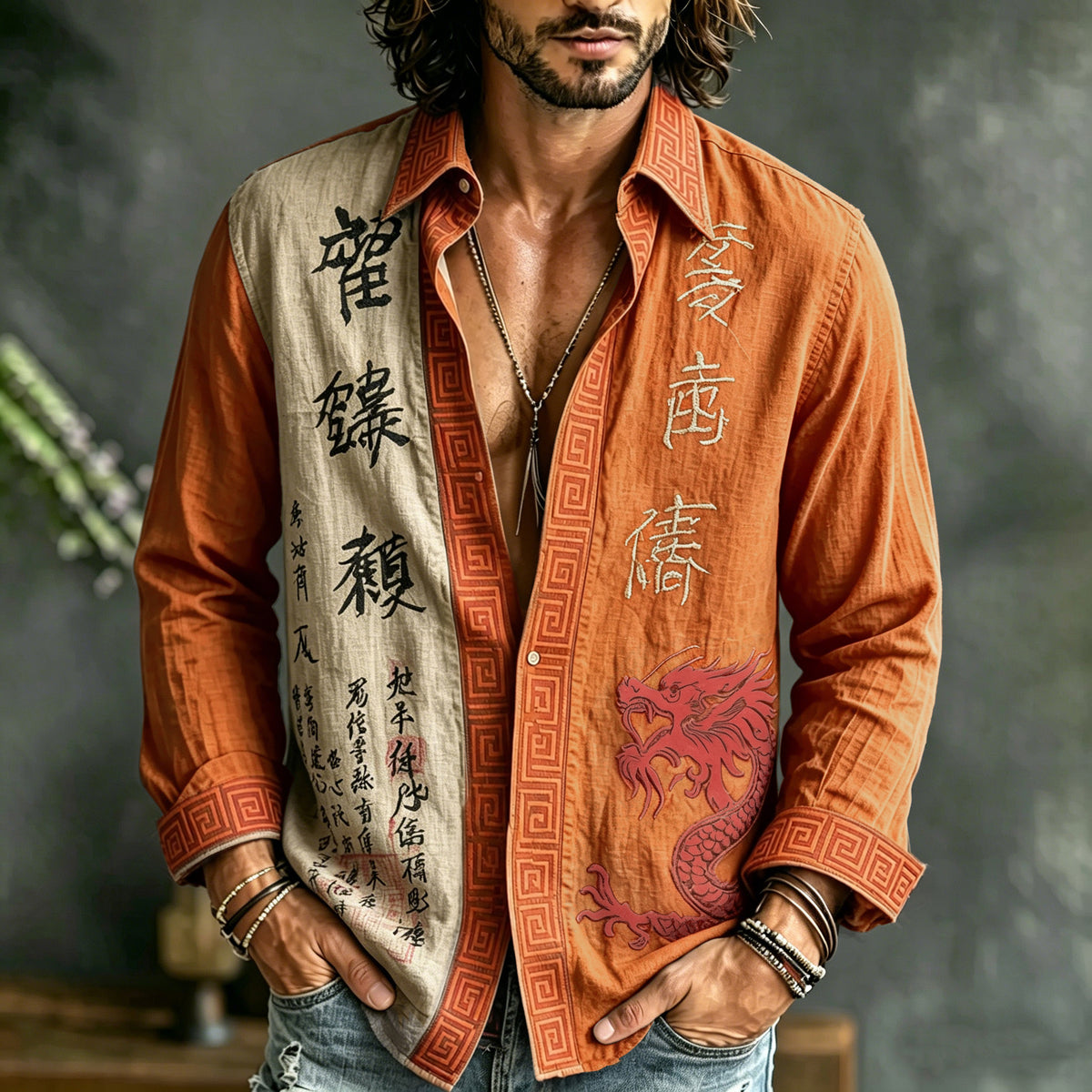 Men's Retro Japanese Calligraphy And Dragon Art Pattern Casual Linen Blend Shirt