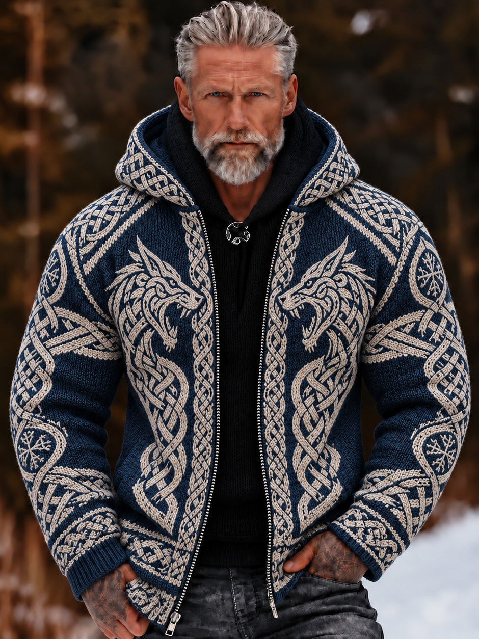 Men's Retro Viking Pattern Zip-up Cozy Hooded Sweater