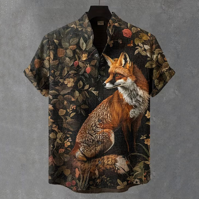 Men's Retro Fox In Fall Forest Graphic Print Short Sleeve Shirt