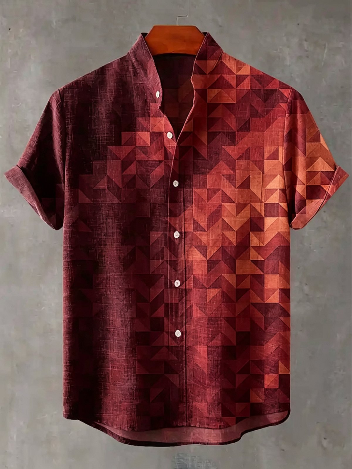 Men's Vintage Green Geometric Gradient Print Linen Blend Short-sleeve Shirt
