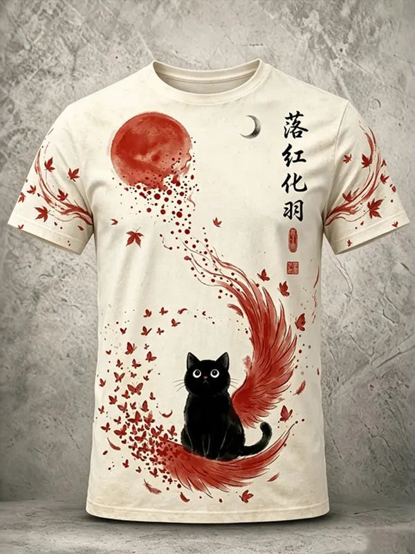 Men's Retro Black Cat Maple Leaf Print Cotton Linen Short-sleeve T-shirt