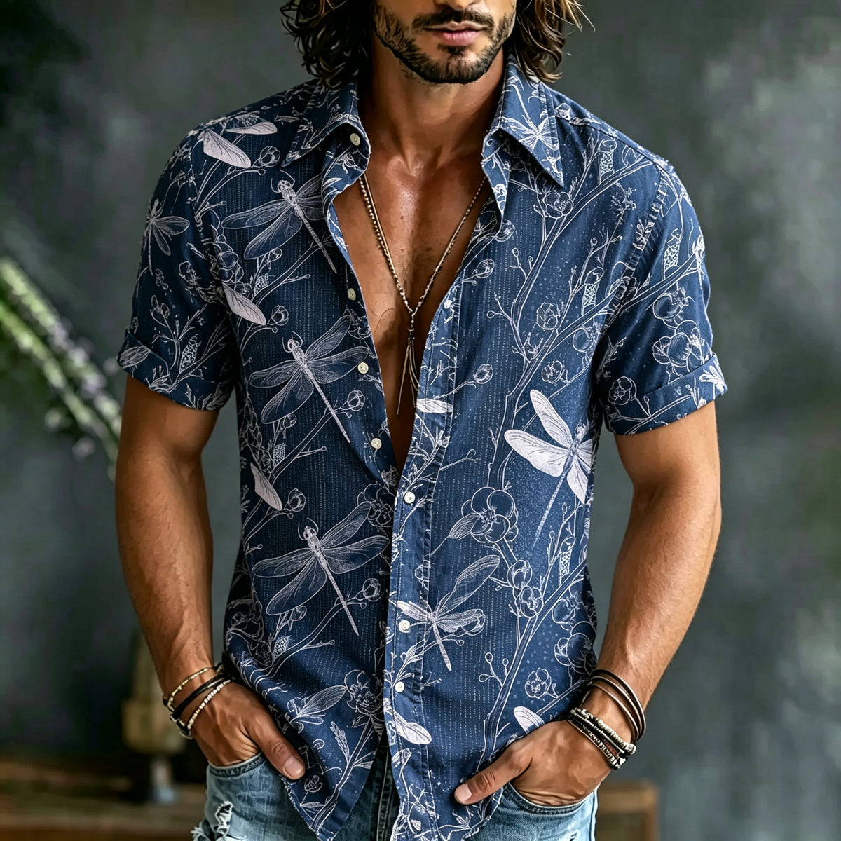 Men's Retro Japanese Floral Dragonfly Print Casual Shirt