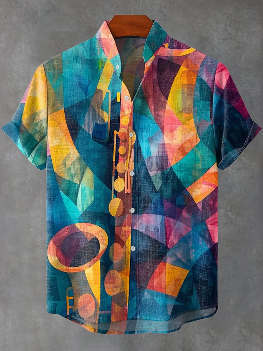 Men's Musical Instrument Pattern Abstract Geometric Color Block Print Linen Blend Short-sleeve Shirt