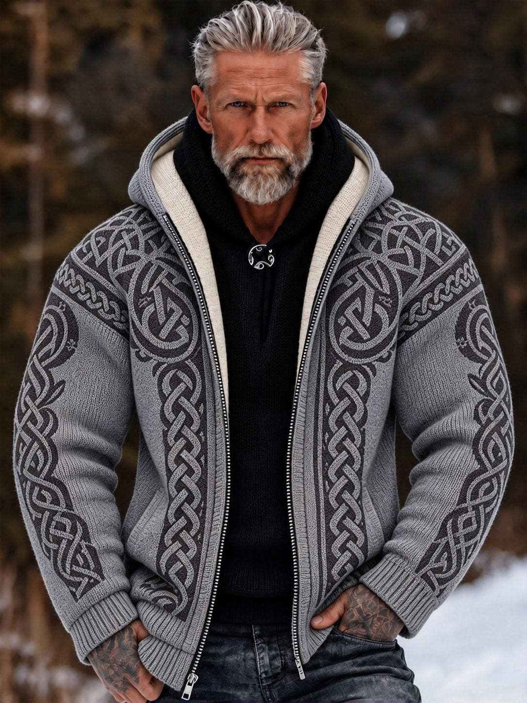 Men's Vintage Viking Celtic Knot Cozy Warm Knitted Jacquard Zipper Hooded Sweater