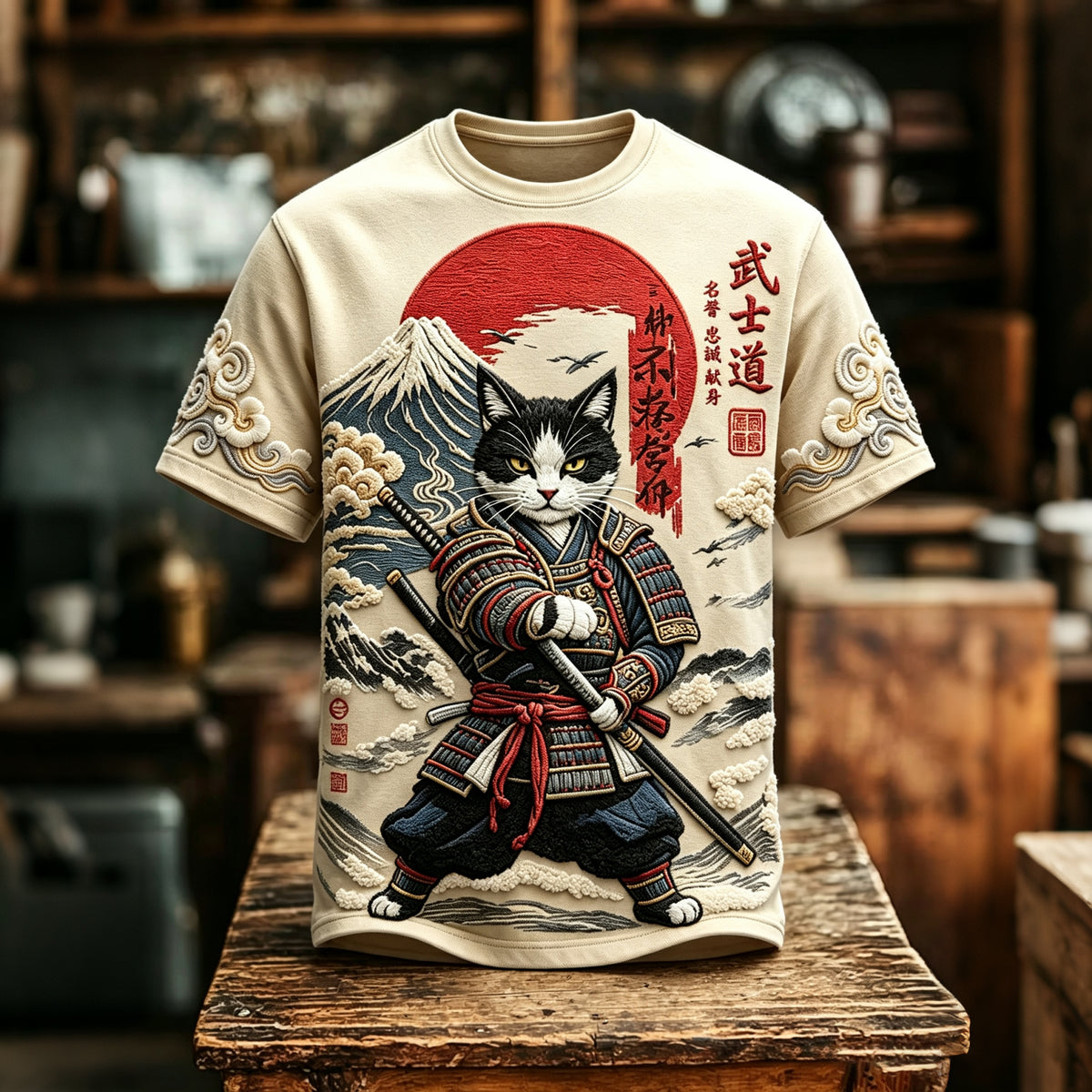 Men's Japanese Art Samurai Cat Print Short-sleeve T-shirt