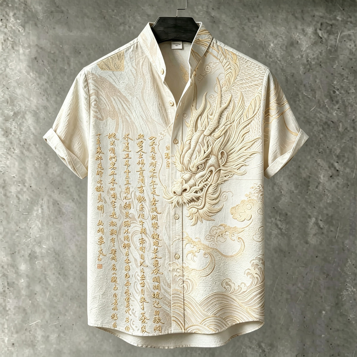 Men's Retro Japanese Art Dragon And Calligraphy Embroidered Print Short-sleeve Shirt