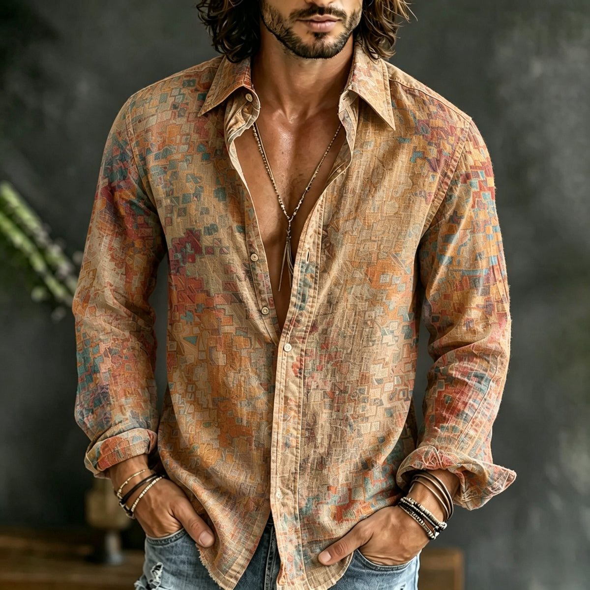 Men's Retro Oil Painting Style Lattice Gradient Art Print Linen Blend Long-sleeve Shirt