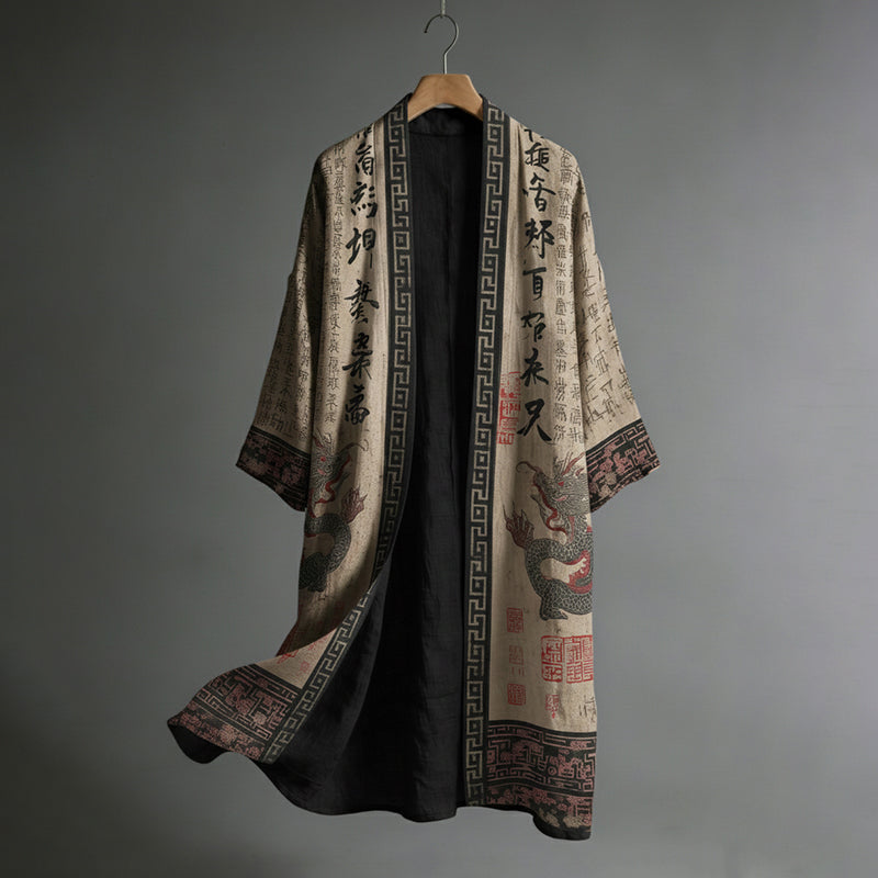 Herren Kimono mit japanischem Drachenmuster, Kalligrafie und Malerei, Leinen, lang