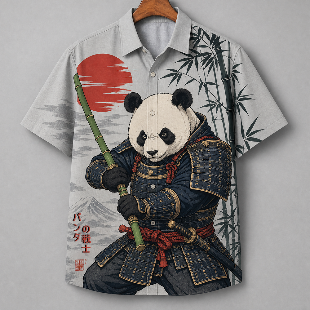 Men's Japanese Samurai Panda Red Sun And Bamboo Print Short Sleeve Shirt