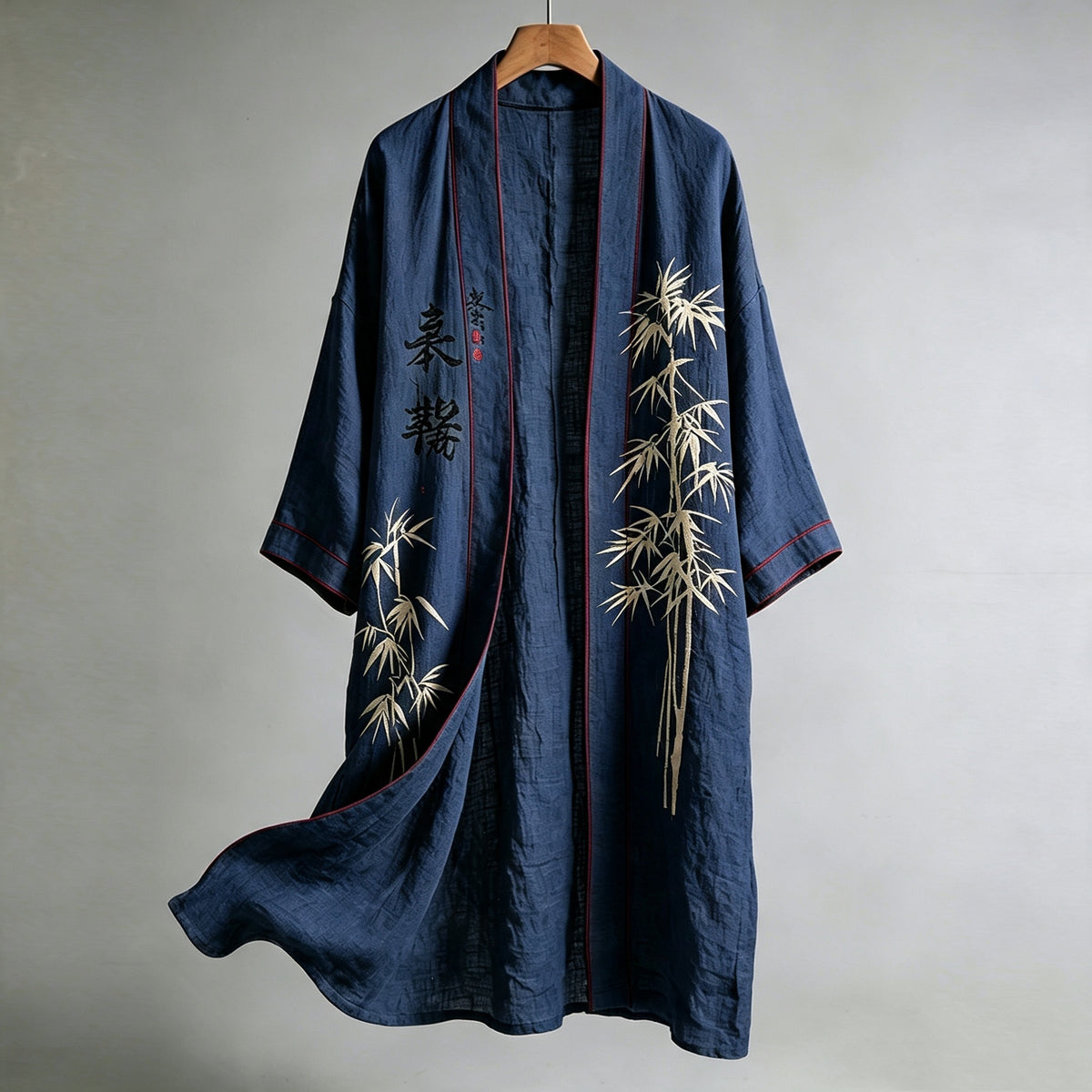 Retro Japanese Bamboo Art Pattern Casual Linen Long Kimono Cardigan