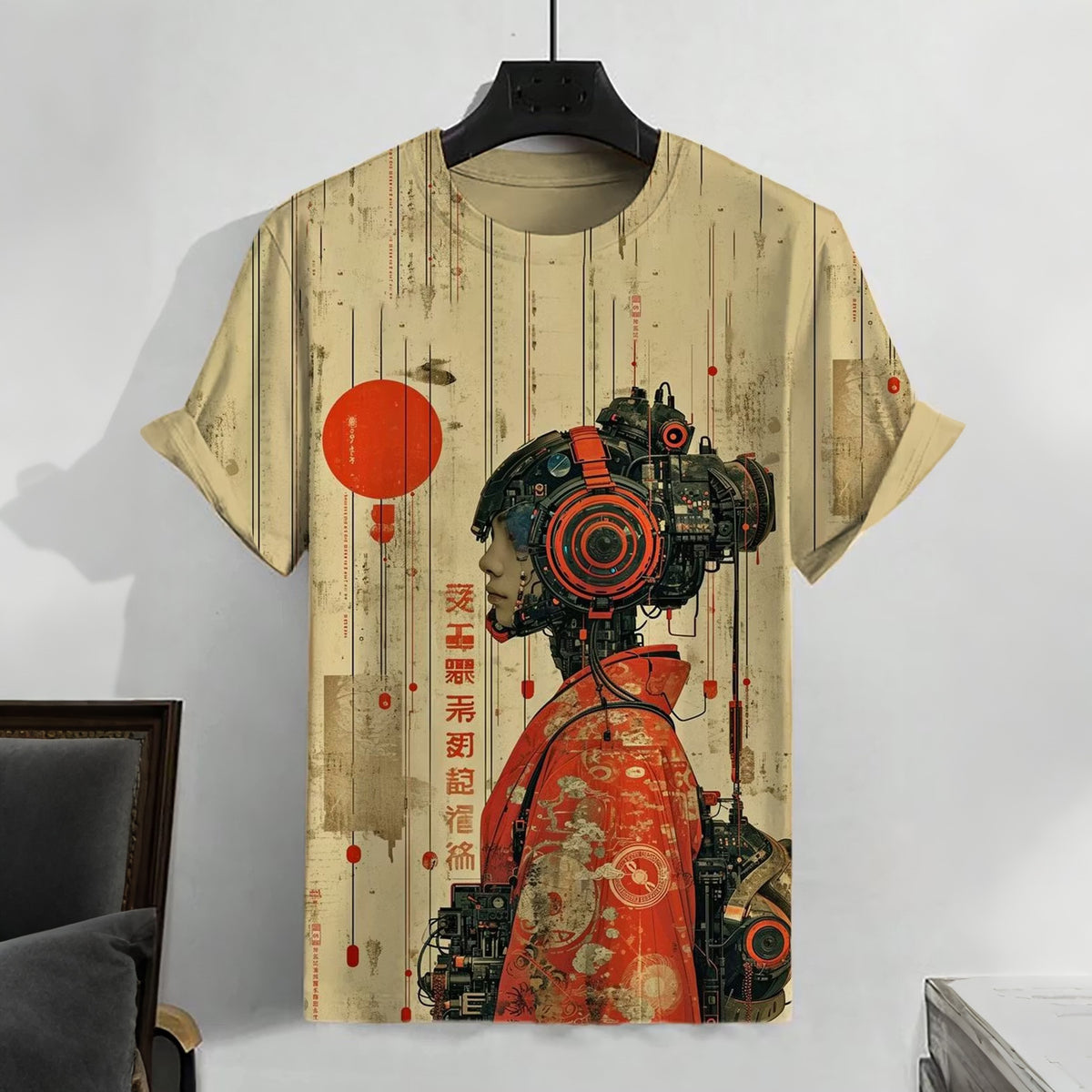 Men's Japanese Kimono Bionic Girl Print Casual T-shirt