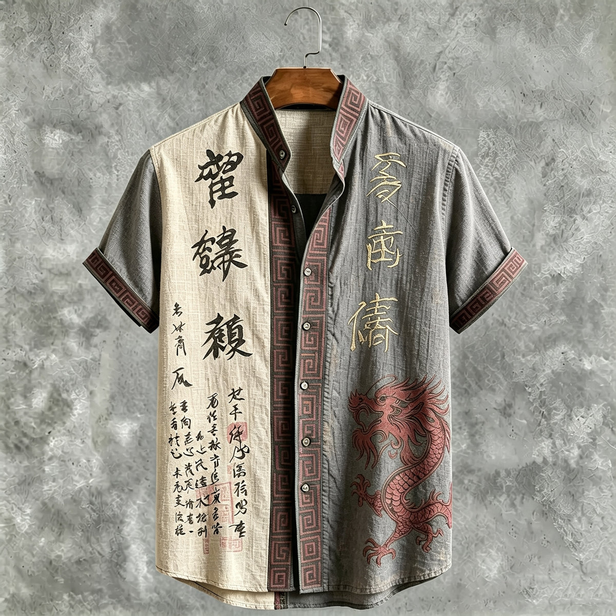 Men's Retro Japanese Calligraphy And Dragon Art Pattern Casual Linen Blend Shirt