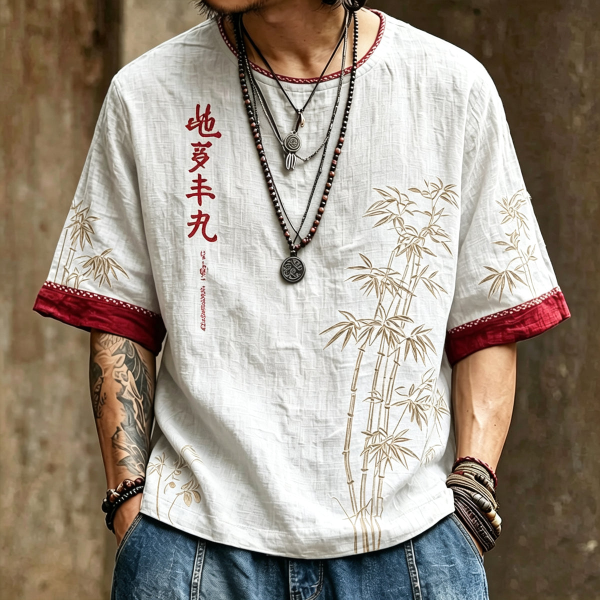 Men's Vintage Japanese Bamboo Leaf And Calligraphy Art Pattern T-shirt