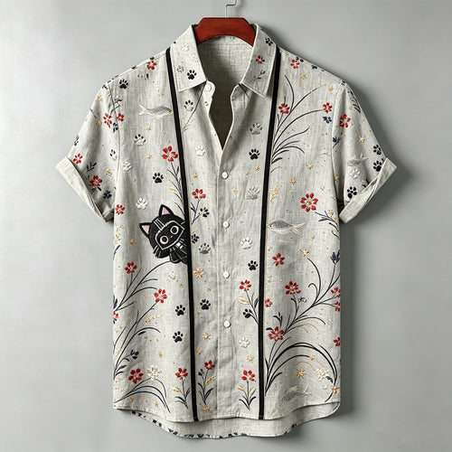 Men's Bohemian Floral Black Cat Embroidery Linen Shirt