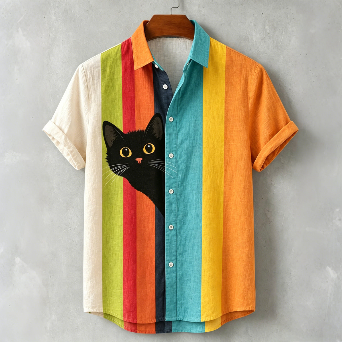 Men's Vintage Black Cat Contrast Stripes Art Print Casual Shirt