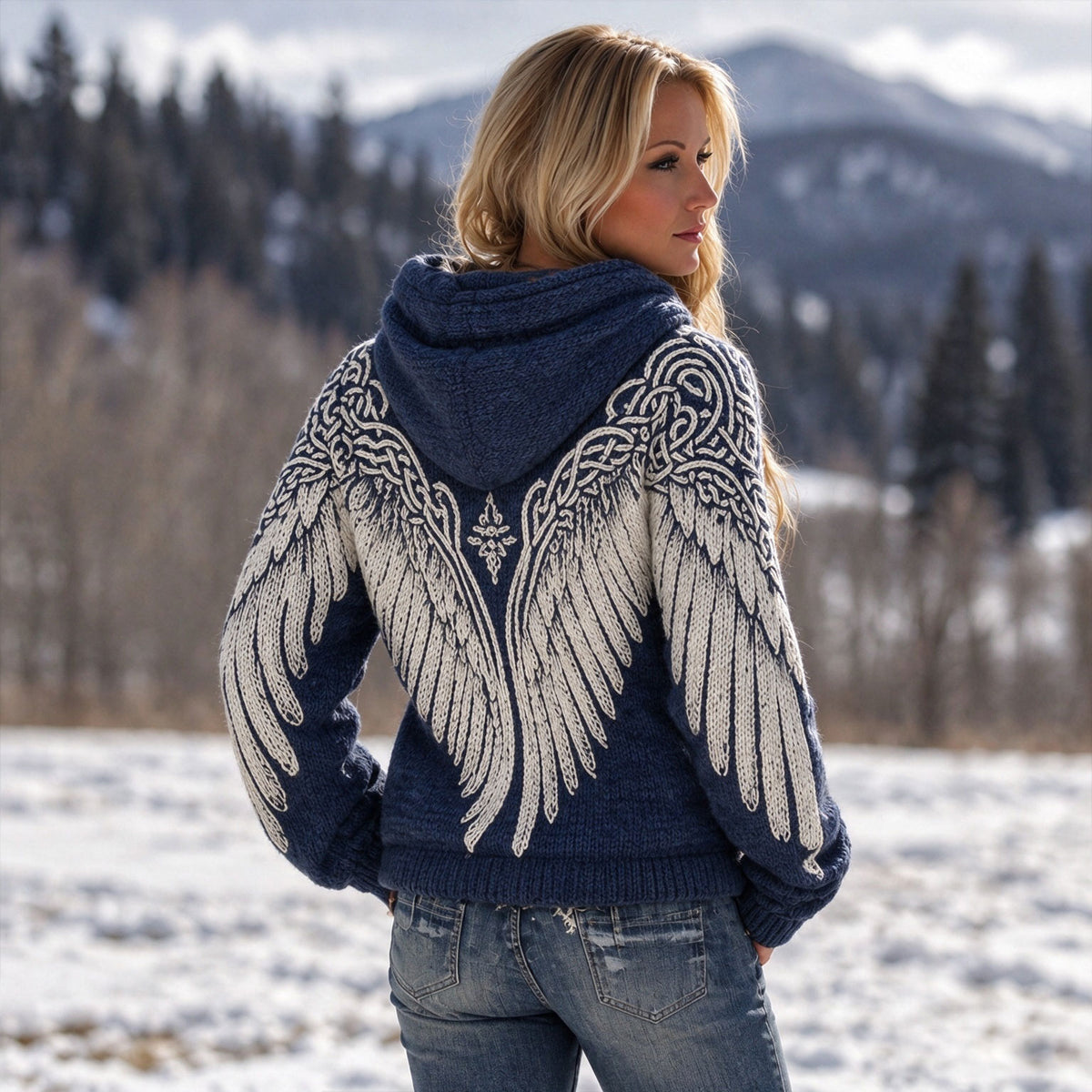 Women's Vintage Viking Wings And Celtic Knot Art Jacquard Hooded Sweater