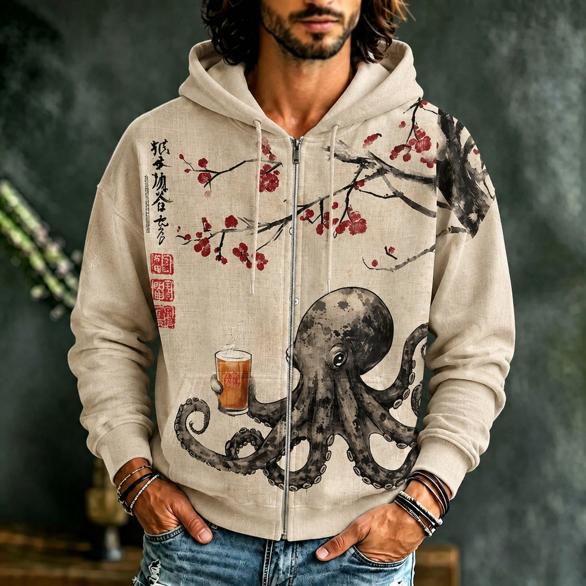 Men's Octopus Drinking Tea Under The Cherry Tree Art Print Casual Zip Up Hoodie