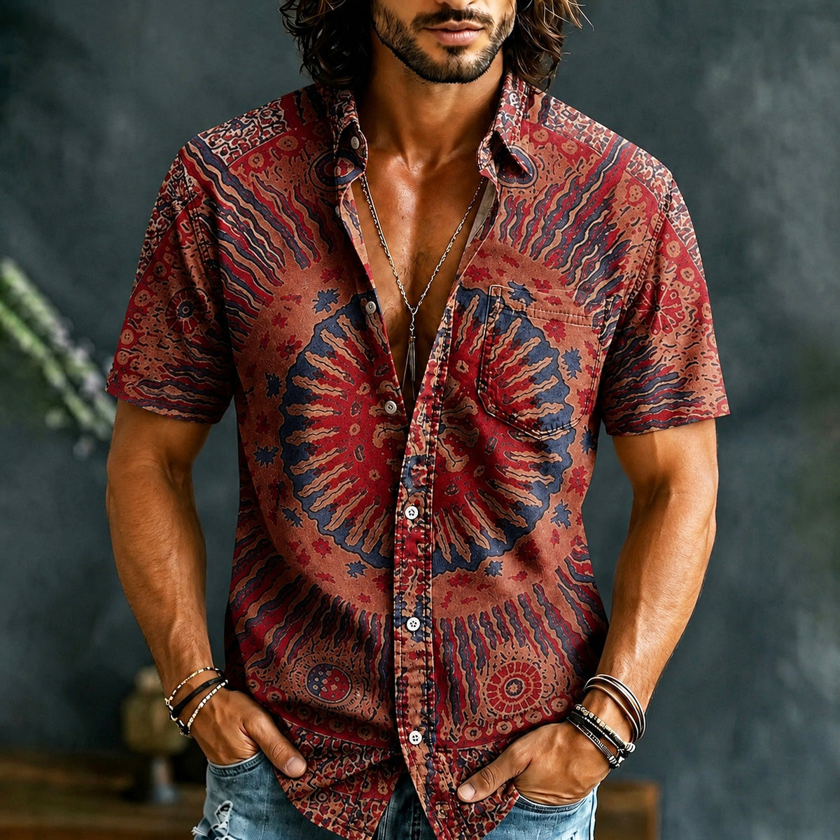 Men's Hippie Art Abstract Pattern All Over Print Short Sleeves Shirt