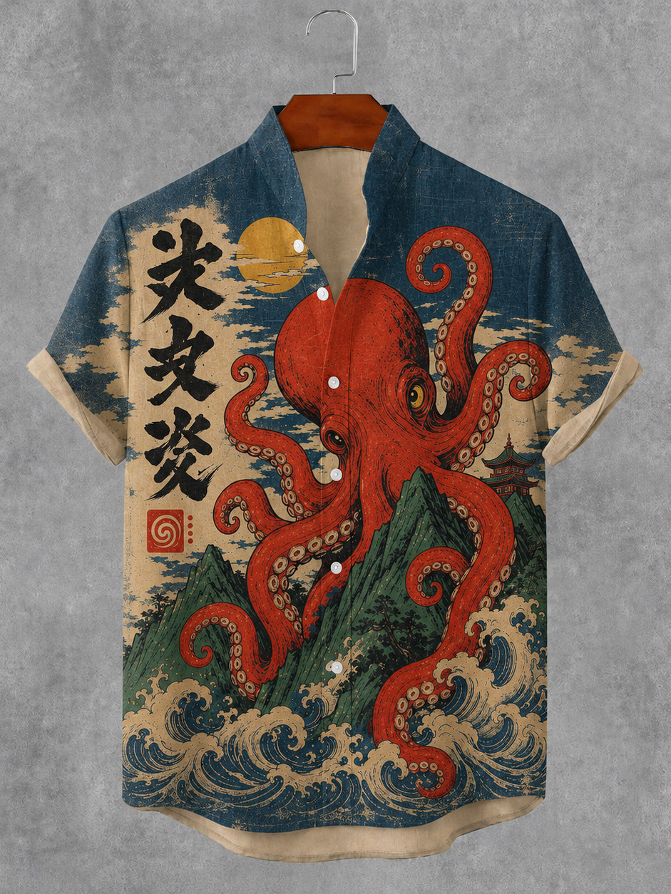 Men's Vintage Japanese Octopus Art Print Short Sleeve Casual Shirt
