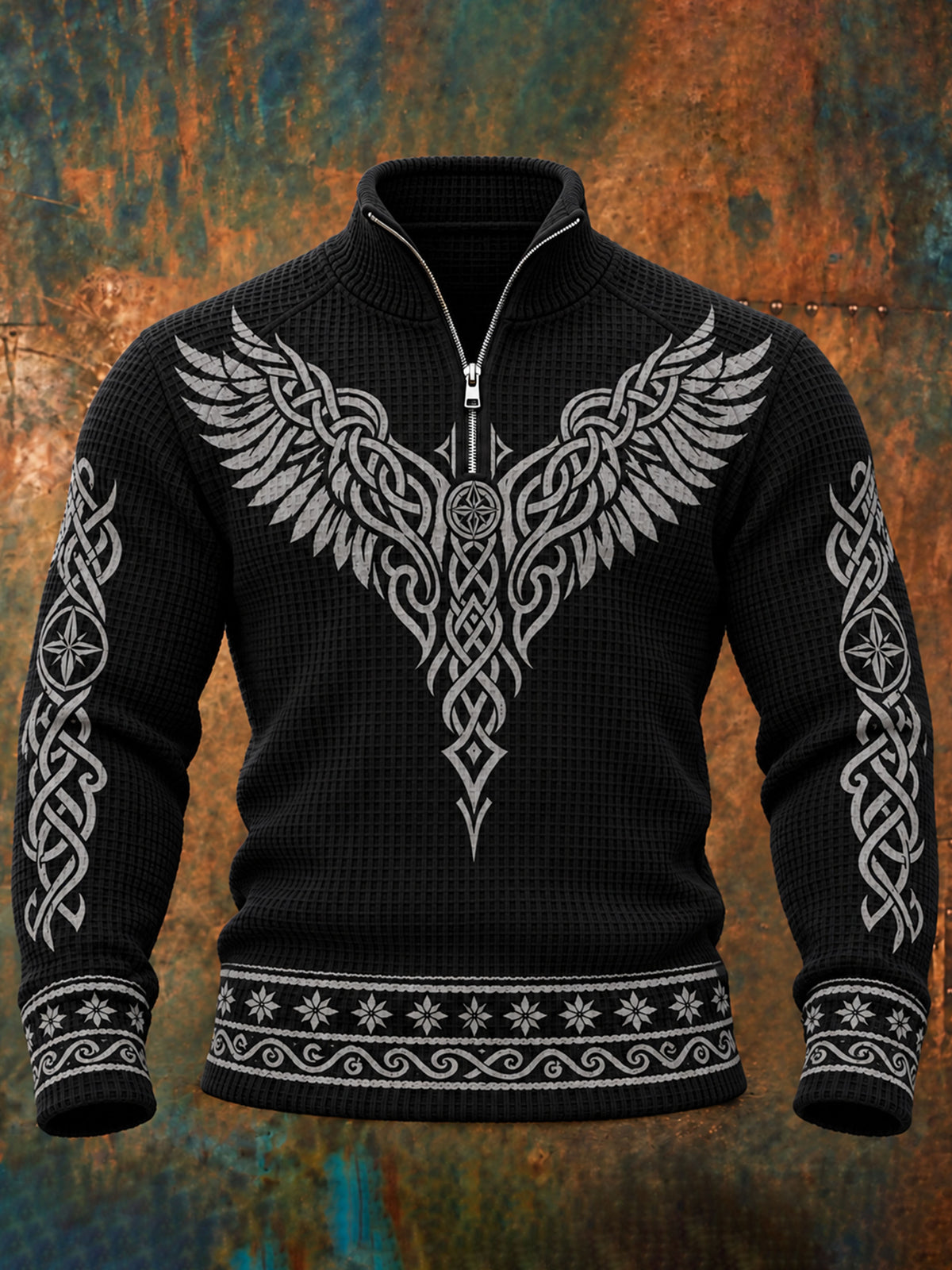 Men’s Vintage Viking Celtic Knot And Wings Print Long-sleeve Waffle-knit Sweatshirt