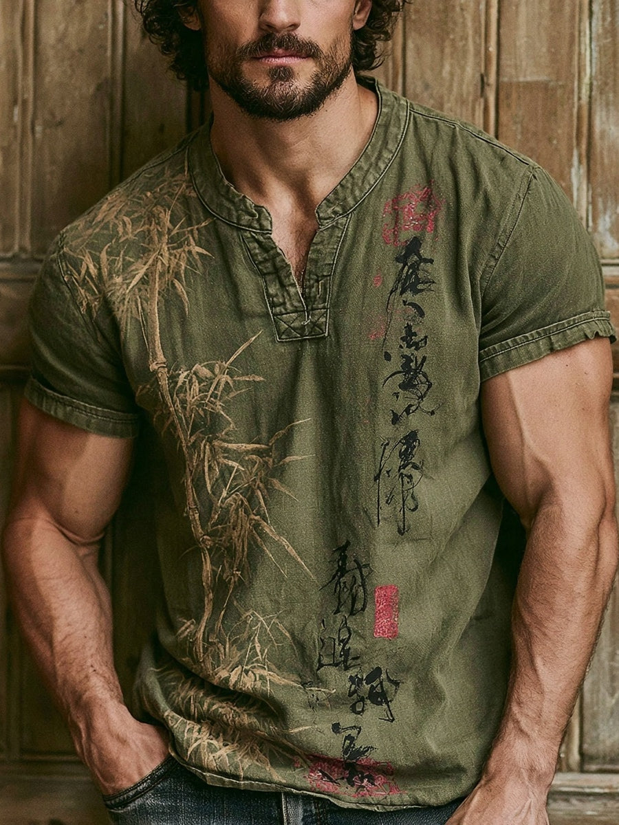 Men's Vintage Japanese Bamboo Art Casual Linen Shirt